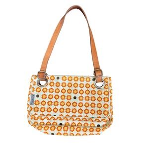 Orla Kiely Etc Coated Canvas Bag Orange Daisy Print Leather Handles Retro Purse
